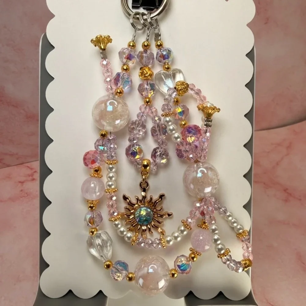 Gold Sun Phone Wristlet Crystal Pink Beaded Pearl Charm Bag Keychain Handmade